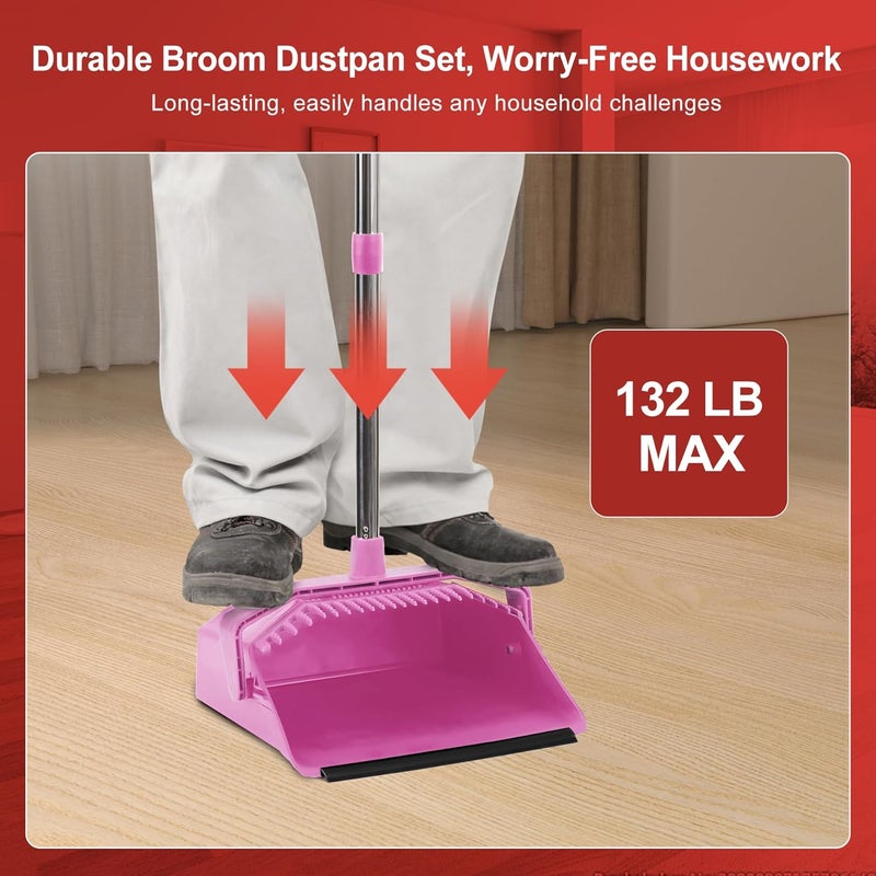 Tiumso Broom with Dustpan Combo Set, 51'' Broom and Dustpan Set, Brooms and Dust Pan with Handle, Brooms with Standing Dustpans, House Broom for Pets Hair and Floor Cleaning - Pink - Image 3
